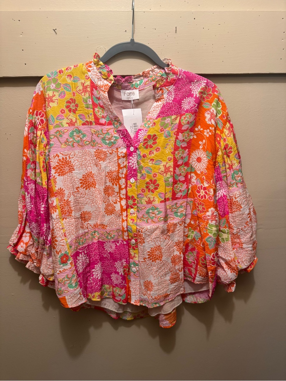 Fate Patchwork Floral Button-Down Blouse in Pink & Orange